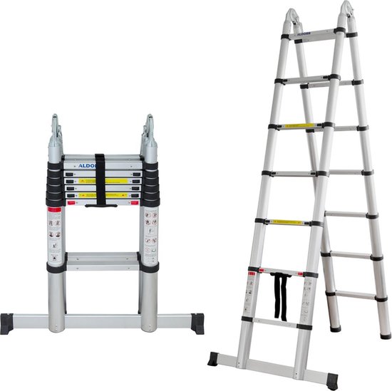 Yakimz Telescopische ladder, 1,4 m 1,7 m, vouwladder, 4 5 treden, aluminium ladder met driehoekige stabilisator, A-frame, draagbare multifunctionele ladder, huishoudladder, maximale belasting 150
