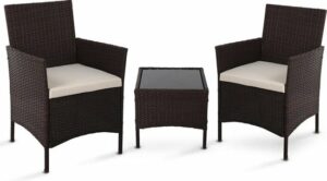 LifeGoods Rotan Tuinstoelen Set - 3-Delig - Twee Fauteuils en Bijzet Tafel - Glazen Tafelblad - Incl. Kussens - Weerbestendig - Bruin - Antraciet