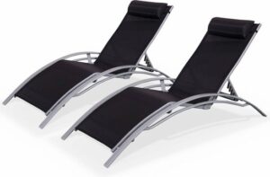 Set van 2 Louisa ligstoelen van aluminium en textileen, kleur grijs-zwart