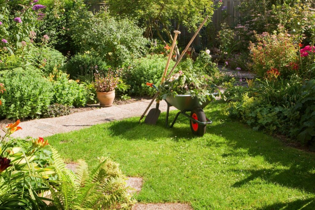 Kruiwagen en tuingereedschap in de tuin