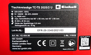 Technische gegevens Einhell TC-TS 2025/2 U