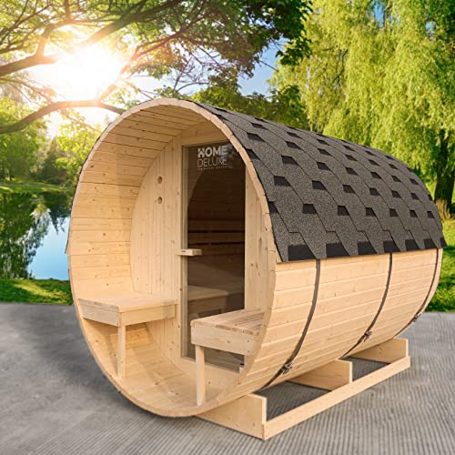 HOME DELUXE - Buiten barrel sauna LAHTI DELUXE L - Afmetingen: ca. 195 cm x 192 cm x 220 cm, hout: vurenhout - incl. elektrische oven en compl. Sauna accessoires I Tuin sauna, buiten sauna, sauna voor 4 personen