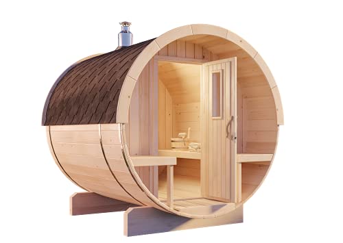 FinnTherm barrel sauna Tori gemaakt van hout met 42 mm wanddikte speciale dakvorm | Tuinsauna, saunabarrel | Sauna Buiten | Geïntegreerde liggebieden | Zeer goede thermische isolatiecapaciteit