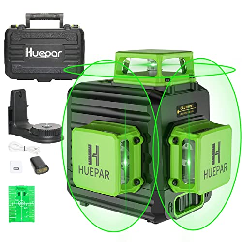 Huepar 3 x 360 Cross Line Laser met Litium Ion batterij, Groene Zelfnivellerende Drie 360° Laser Line, Li-ion batterij met oplaadpoort Type C, Hard Case inbegrepen - B03CG Pro