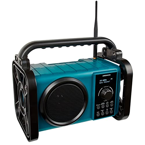 MEDION E66045 DAB+ bouwplaatsradio (robuuste behuizing, spatwaterdicht (IP44), Bluetooth 5.0, PLL FM-radio, LED-werklamp, batterij en netvoeding) blauw