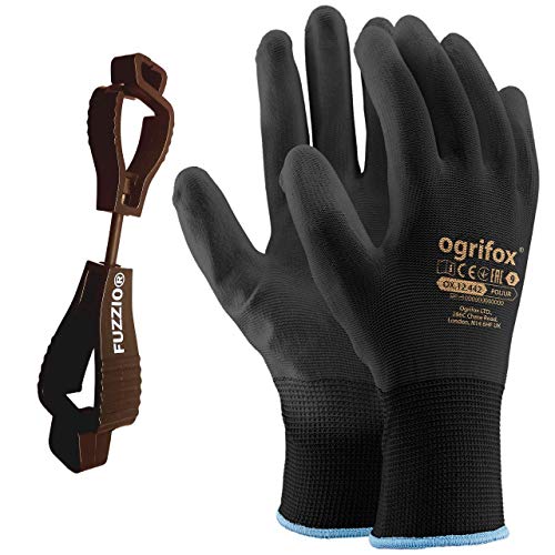 24 paar Ogrifox PU inspecteert werkhandschoenen met FUZZIO handschoenklem (L-9, zwart)