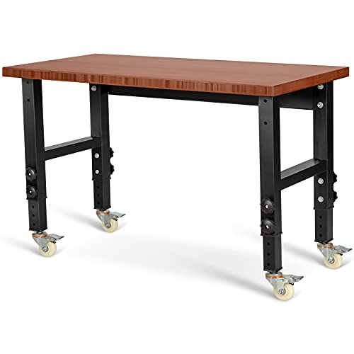 COSTWAY verstelbare werkbank met wielen, duurzame werktafel gemaakt van bamboe metalen frame, werkbank tafel gereedschapstafel met groot werkblad voor garagewerkplaats (bruin)