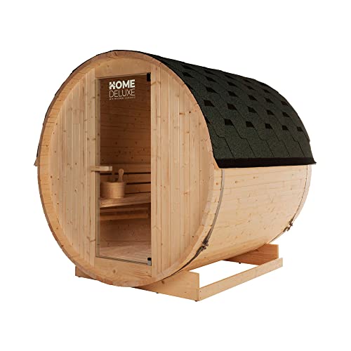 HOME DELUXE - Buiten barrel sauna LAHTI L - Afmetingen: BxDxH: ca. 194 cm x 191 cm x 180 cm, Hout: Vurenhout - incl. elektrische oven en compl. Sauna accessoires I Tuin sauna, buiten sauna, sauna voor 4 personen