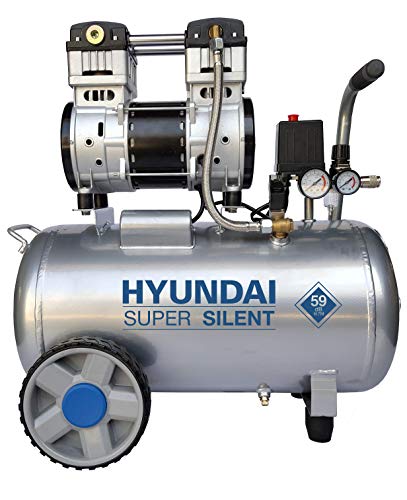 HYUNDAI Silent Compressor SAC55753 (luchtcompressor, OLIEVRIJ, fluistercompressor met 59 dB(A), drukvat van 50 l, 8 bar, 1,5 kW (2,0 PK), olie/waterafscheider, inlaatcapaciteit 232 l/min)