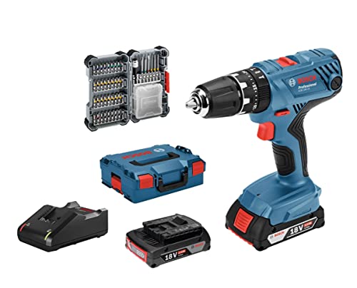 Bosch Professional 18V Systeem Acculoze Klopboor GSB 18V-21 (incl. 2x2,0 Ah accu, 40 stuks. Accessoireset, in L-BOXX) - Exclusieve Amazon-set