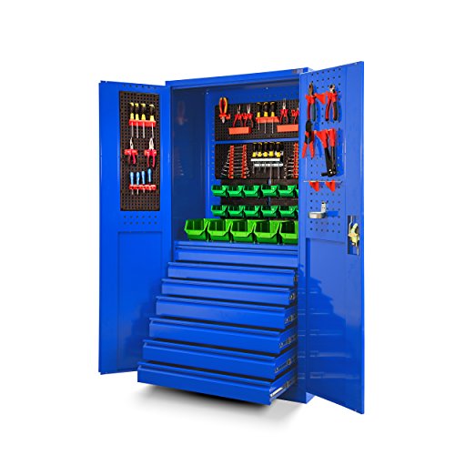 Gereedschapskist TC007 Werkplaatskast garagekast universele kast opbergkast gepoedercoat scharnierend deuren plaatstaal 185 cm x 92 cm x 50 cm (blauw)
