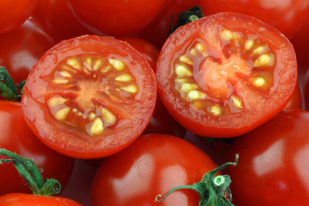 Tomatenzaden in gesneden tomaten