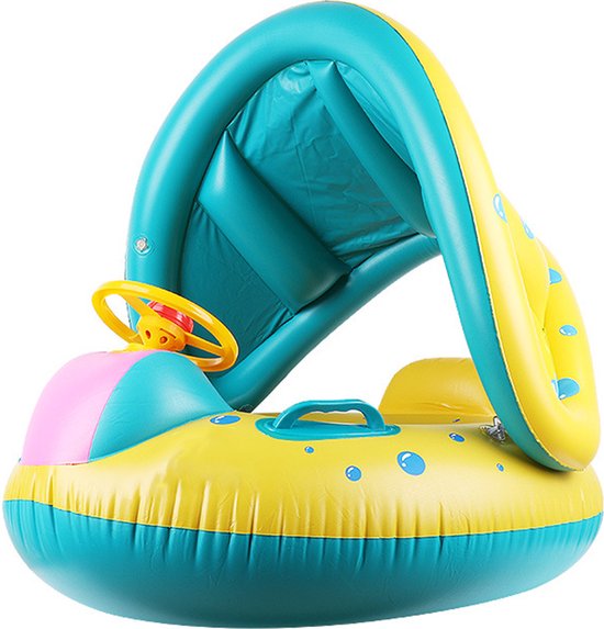 Baby opblaasband met zonbescherming en stuur - Baby opblaasboot - Auto Opblaasboot - Babyfloat with Steeringwheel - Zwemband - Zwemzitje - UV bescherming - Swimtrainer - zonnekap baby