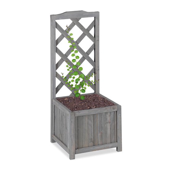 Relaxdays plantenbak met klimrek - bloembak met trellis - grijs - weerbestendig - balkon - M