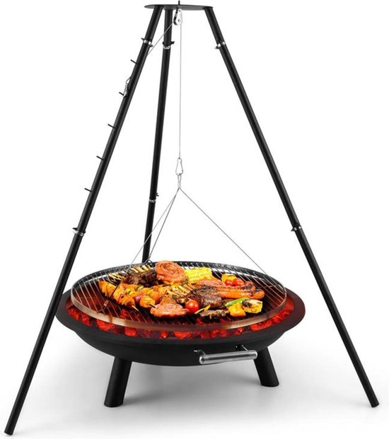 Blumfeldt Arco Trino vuurschaal - Vuurkorf en barbecue - BBQ op 3 poten - Edelstaal - Driepoot met grill rooster