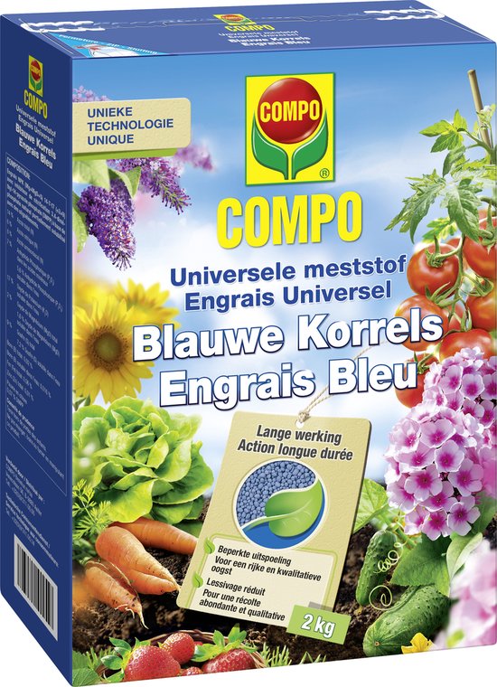 COMPO Blauwe Korrels - universele meststof voor de moestuin en de siertuin - beperkte uitspoeling - doos 2 kg