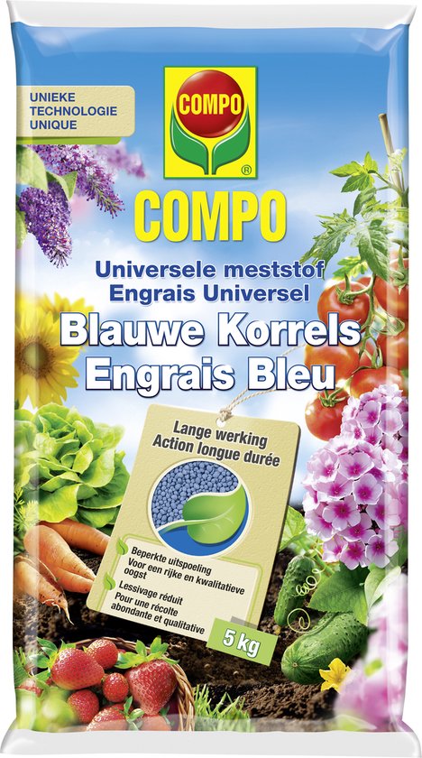 COMPO Blauwe Korrels - universele meststof voor de moestuin en de siertuin - beperkte uitspoeling - zak 5 kg