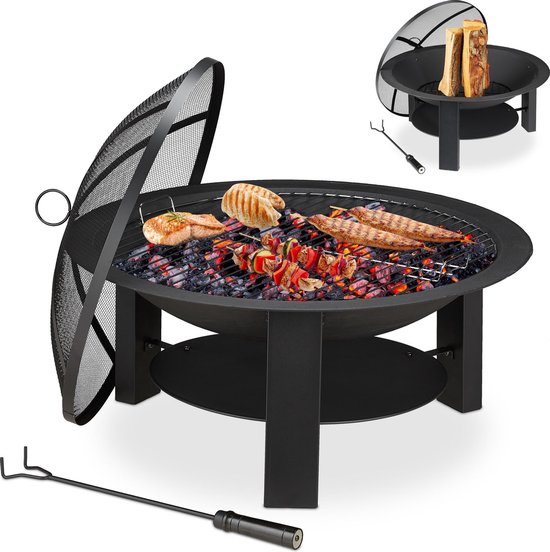 Relaxdays vuurschaal bbq - terrashaard met vonkenscherm - vuurkorf gietijzer - barbecue