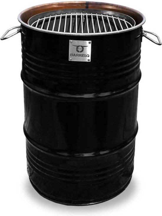 BarrelQ - Small industrieel houtskool Barbecue- BBQ vuurkorf en statafel in één 60L olievat zwart - vaderdag cadeau