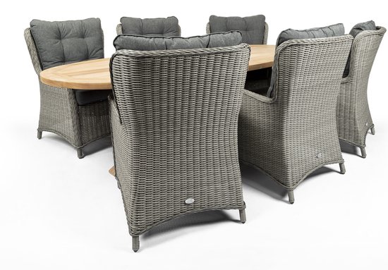 Belito® Milou Tuinset 6 persoons Ovaal - Ovale Teakhouten tuintafel 240cm - Wicker lounge tuinstoel - Weerbestendig - Exclusief - 2 Jaar Garantie