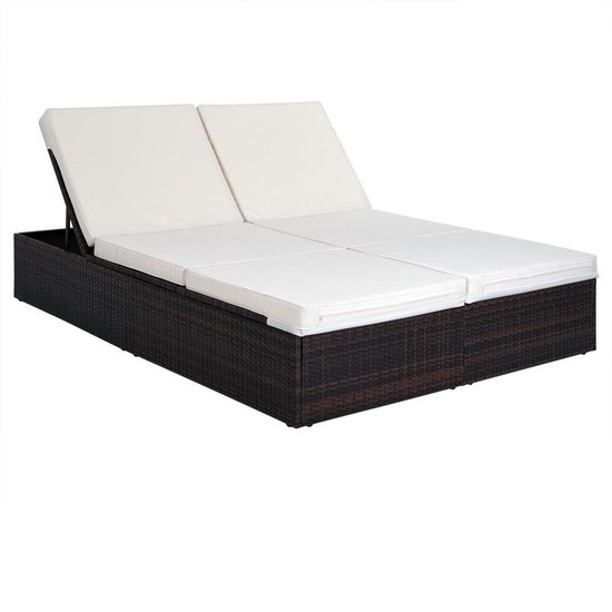Casaria Polyrattan Ligstoel – Verstelbaar 2 Klaptafels - Bruin Crème