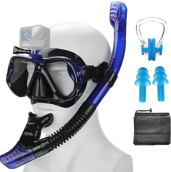 Duikbrillen - Duikmasker - met Snorkelbuis/Neusklem/Oordopjes/Opbergzak - voor Volwassenen - Zwart Blauw