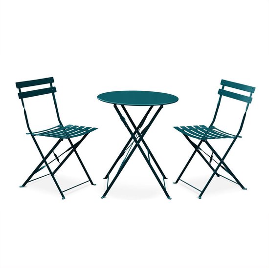 EMILIA bistroset - 2 inklapbare stoelen en een ronde tafel van gepoedercoat staal met matte afwerking – donker turquoise