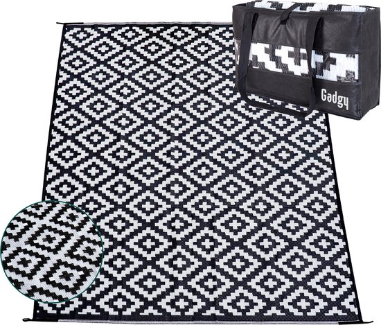 Gadgy Buitenkleed Vloerkleed Buiten XXL - 270x200 cm - Tuintapijt Dubbelzijdig - Picknickkleed Zwart Wit - Buitentapijt