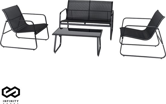 Infinity Goods Tuinset - Loungeset - Tuinmeubelen - Tuinbank - Tuinstoelen - Tuintafel - Glazen blad - 4 Persoons - Zwart/Antraciet