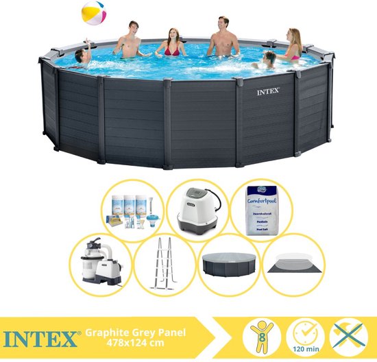 Intex Graphite Gray Panel Zwembad - Opzetzwembad - 478x124 cm - Inclusief Onderhoudspakket, Zoutsysteem en Zout