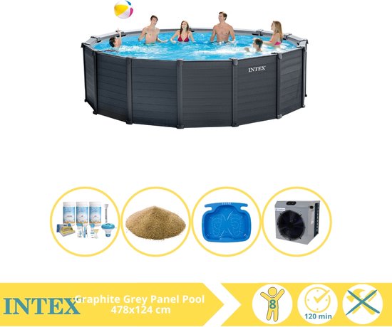 Intex Graphite Gray Panel Zwembad - Opzetzwembad - 478x124 cm - Inclusief Onderhoudspakket, Filterzand, Voetenbad en Warmtepomp CP