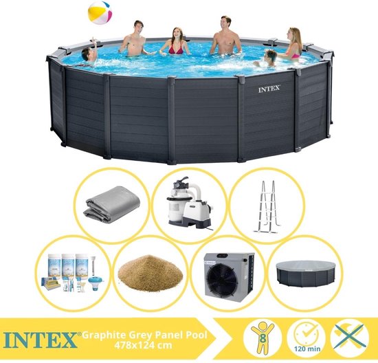 Intex Graphite Gray Panel Zwembad - Opzetzwembad - 478x124 cm - Inclusief Onderhoudspakket, Filterzand en Warmtepomp CP