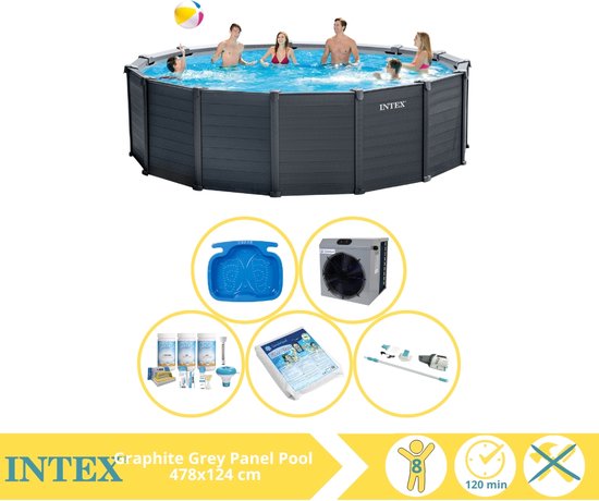 Intex Graphite Gray Panel Zwembad - Opzetzwembad - 478x124 cm - Inclusief Onderhoudspakket, Glasparels, Stofzuiger, Voetenbad en Warmtepomp CP