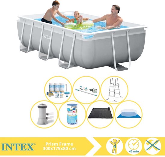 Intex Prism Frame Zwembad - Opzetzwembad - 300x175x80 cm - Inclusief Onderhoudspakket, Filter, Grondzeil, Stofzuiger en Solar Mat