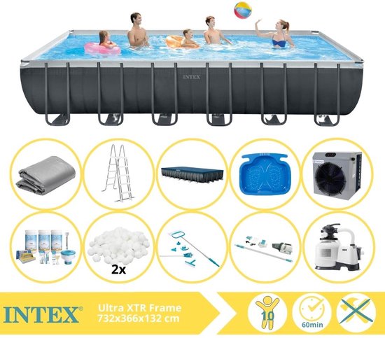 Intex Ultra XTR Frame Zwembad - Opzetzwembad - 732x366x132 cm - Inclusief Onderhoudspakket, Filterbollen, Onderhoudsset, Stofzuiger, Voetenbad en Warmtepomp CP