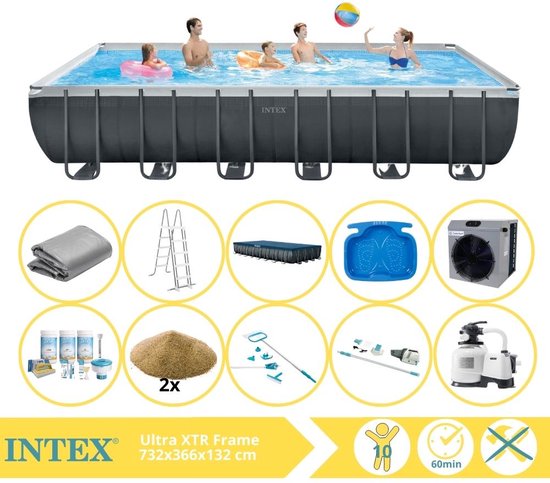 Intex Ultra XTR Frame Zwembad - Opzetzwembad - 732x366x132 cm - Inclusief Onderhoudspakket, Filterzand, Onderhoudsset, Stofzuiger, Voetenbad en Warmtepomp CP