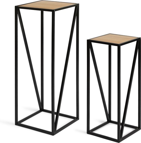 Lifa Living Moderne Plantentafel - Set van 2 - Naturel en Zwarte Bloemenstandaard - Metaal en Hout - Staand - Bloementafel voor Binnen - 21,5 x 21,5 x 57 cm en 26 x 26 x 73 cm