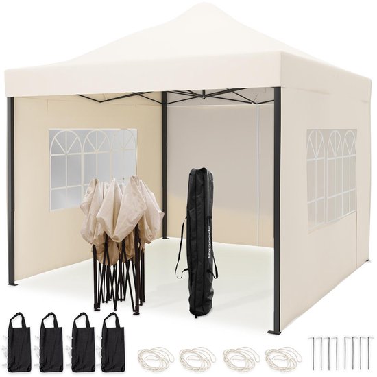 LifeGoods Partytent - Paviljoen - 3x3 m - Zijwanden - Easy Up - Opvouwbaar - Waterdicht - Draagtas met Wieltjes - Beige