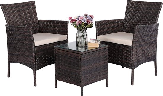 MaxxGarden Tuinset - Set van 2 tuinstoelen - Wicker 3 delig - rattan met kussens - Bruin