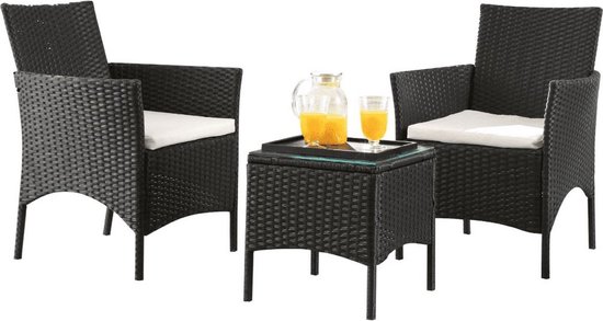 MaxxGarden Tuinset - Set van 2 tuinstoelen - Wicker 3 delig - rattan met kussens - Zwart