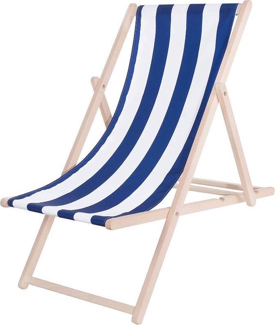 Springos | Ligbed | Strandstoel | Ligstoel | Verstelbaar | Beukenhout | Handgemaakt | Blauw Wit