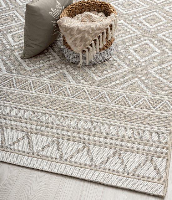 the carpet Calgary Vloerkleed voor Buiten en Buiten Buitenkleed Tuintapijt Buitentapijt Beige diamant 120 cm Rond
