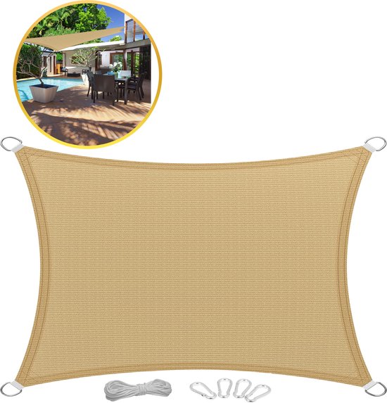 Toivo Schaduwdoek Rechthoek 3 x 4 Meter - Crème - HDPE Materiaal - Incl. Touw En Karabijnhaken - Schaduwdoeken - Schaduwnet - Zonwering