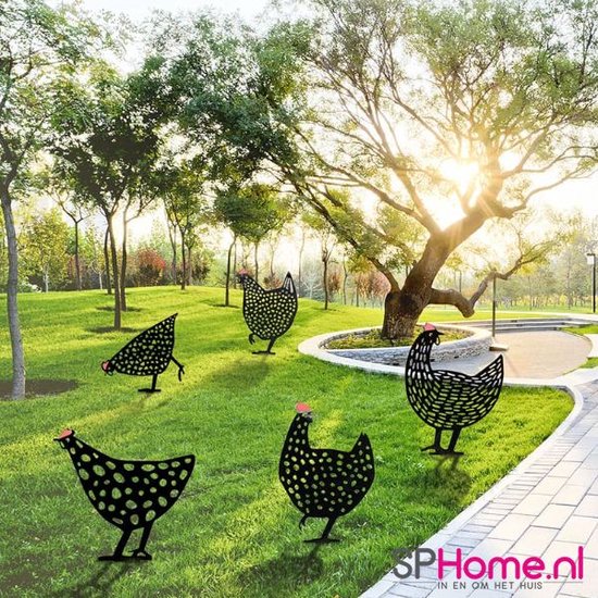 Tuindecoratie Set - 5x Kippen familie - Decoratie voor buiten - Tuin accessoires - Sfeer Kippen - Staande Kip - Ijzer - Zwart