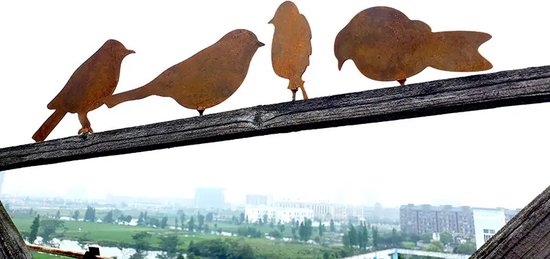 Tuindecoratie set van 4 vogels - Decoratie voor buiten - Tuin accessoires - Sfeer vogels - Staande vogels - ijzer - Bruin/Roestkleur