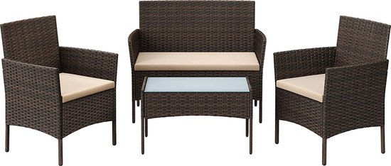 Tuinmeubelset - Tuinset 4 persoons - Tuinmeubelen - Tafel en Stoelen - Set van 4 - Terras - Tuintafel - Salontafel met Glazen Oppervlak - Zwart Bruin Taupe