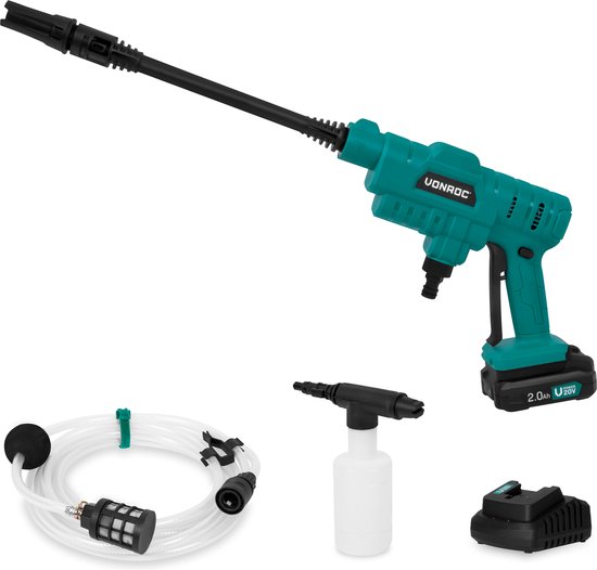 VONROC Accu drukreiniger 20V – 24bar – 198 l/h - Incl. 5m aanzuigslang, reinigingsmiddelenfles en regelbare spuitmond – Incl. 2.0Ah Accu en Snellader