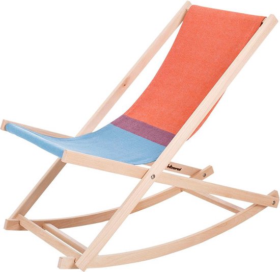 Weltevree | Beach Rocker | Schommelstoel Strand, Tuinstoel, Strandstoel Opvouwbaar, Campingstoel | Beukenhout & Organisch Katoen | Rood/Blauw