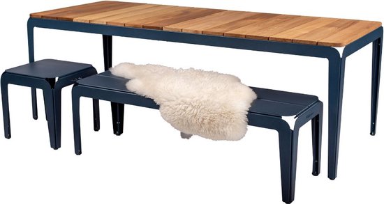 Weltevree | Bended Table Wood | Duurzame Tuintafel Hout & Staal 90 x 220 cm | Eettafel Buiten Essenhout, Tuinmeubel | Tuin Tafel 8 Personen | Grijsblauw