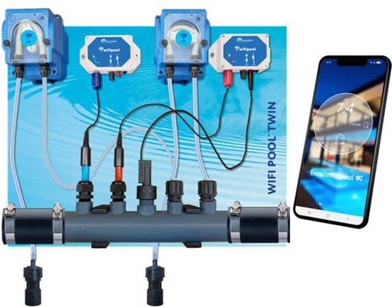Zwembad Automatisch Chloor en Ph Dosering Systeem met Redox Meting & Controle MET FLOW SWITCH en WIFI Besturing - WIFIPOOL POOL TWIN